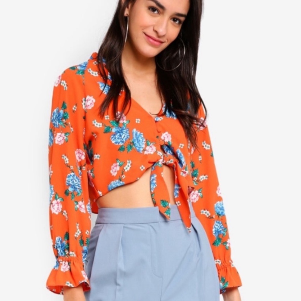 Nwt Topshop Orange Floral Tie Front Crop Top - Picture 2 of 7